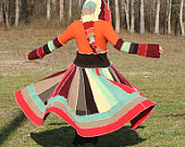 Green Brown Red Orange Upcycled Elf Sweater Coat Long Liripipe Hood Bell Sleeves READY TO SHIP