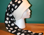 REDUCED 25% SLEEPING CAP Vintage White Black Polka Dots Long Fleece Warm Stocking Hat Ear Flaps Ski Hat