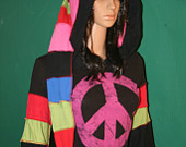 Peace Sign Recycle Upcycled T-Shirt Lightweight Spring Dress Miniskirt Long Bell Sleeves Long Hood Red Black Pink Green Blue