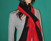 Upcycled Scarf Red Black Repurposed Fashion Winter Warm Shawl Hood